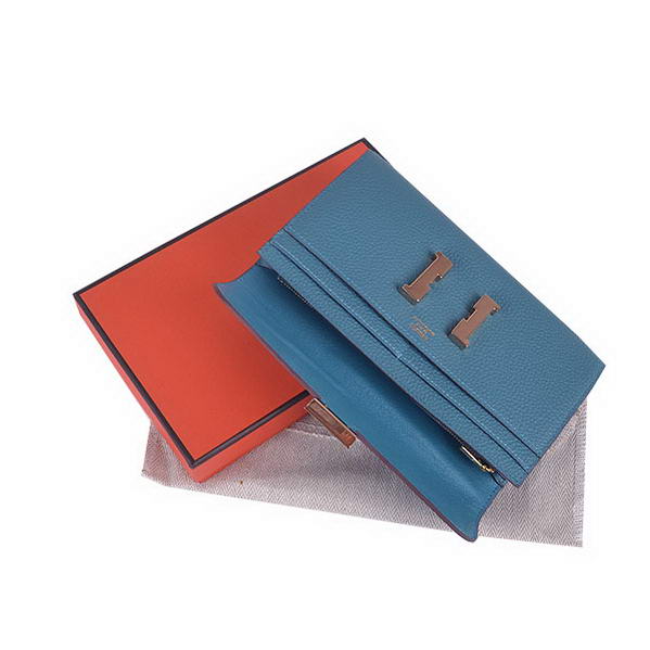 Cheap Fake Hermes Constance Long Wallets Blue Calfskin Leather Gold